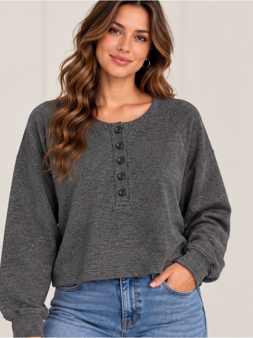 Charcoal Henley Pullover Sweatshirt - Gray -